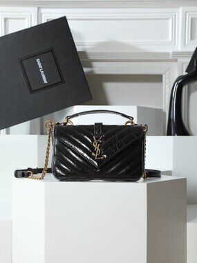 Saint Laurent V-Quilted Crinkled Leather Flap Crossbody Bag with Top Handle